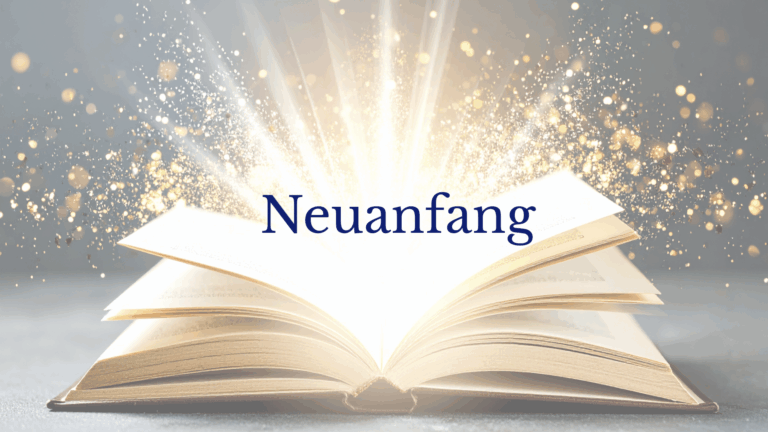 Aufgeschlagenes Buch mit Feuerwerk. Darüber das Wit Neuanfang